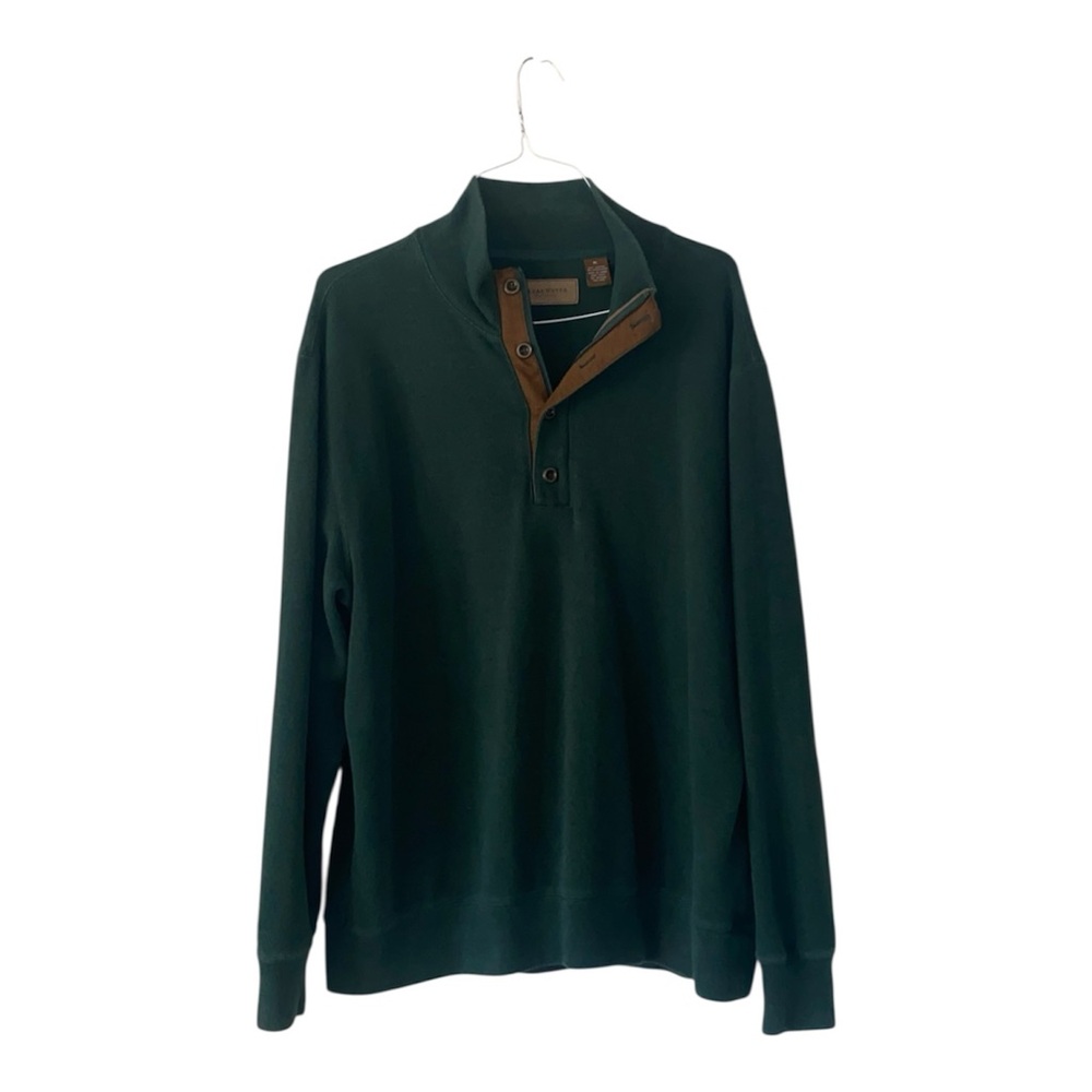 Men's Deep Green V-Neck Quarter-Button Pullover with Brown Trim